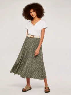 Belted Mosaic Midi Skirt